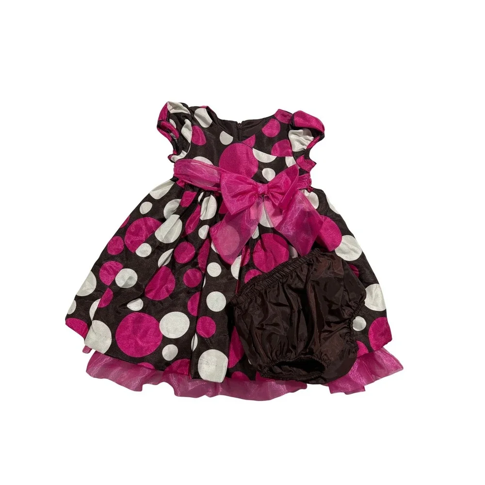 Bonnie Baby Polka Dot Party Dress Pink Brown 12M With Bloomers